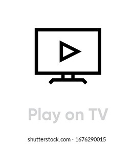 Video play on tv icon. Editable line vector. Triangle sign enable on screen monitor. Single pictogram.