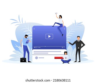 Video play people. Cartoon vector illustration. Social media flat icon