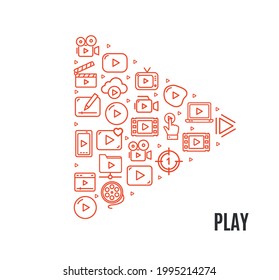 Plantilla de diseño de botón de signo de reproducción de vídeo Banner de icono de línea delgada. Vector