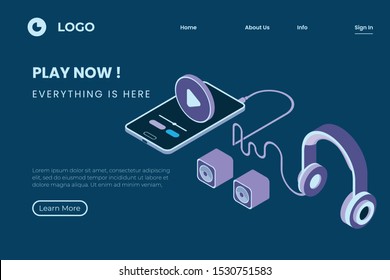video playback application, listening to music with headphones, online video playback in isometric 3d illustration style