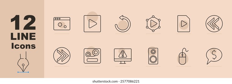 Video and playback set icon Video files, rewind, speaker, mouse, alert screen, currency chat bubble. Digital playback, notifications, media interaction