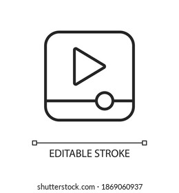 Icono lineal perfecto del píxel de la aplicación del reproductor de vídeo. Reproducción de vídeo y audio. Viendo películas y clips. Ilustración personalizable de línea delgada. Símbolo de contorno. Dibujo de contorno aislado del vector. Trazo editable