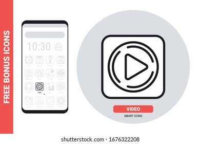 Icono de aplicación de reproductor de vídeo para smartphone, tablet, laptop u otro dispositivo inteligente con interfaz móvil. Versión simple en blanco y negro. Contiene iconos de bono gratuitos