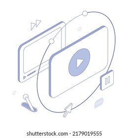 Video, player, blog, vlog, film,  movie, play, presetation. Isometric vector illustration flat design isolated. Outline, linear style, line art, editable stroke.