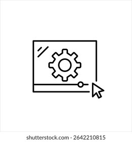 Video player, cogwheel and mouse pointer. Video settings, playback configuration, streaming preferences, player customization, media control options. Pixel perfect, editable stroke vector icon