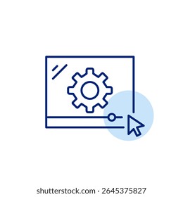 Reprodutor de vídeo, roda dentada e ponteiro do mouse. Configurações de vídeo, configuração de reprodução, preferências de streaming, personalização do player, opções de controle de mídia. Pixel perfeito, ícone de vetor de traçado editável