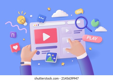 Video player concept 3D illustration. Icon composition with video or music content at site, user presses play button, search and other. Online entertainment. Vector illustration for modern web design