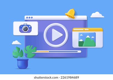 Video player concept 3D illustration. Icon composition with program interface for playing video content and movie streaming for computer or mobile phone. Vector illustration for modern web design