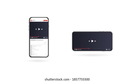 Video player design template for web and mobile apps flat style.  Vertical and horizontal video. Vector illustration.