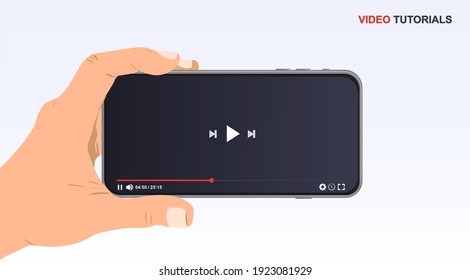 Video player design template for web and mobile apps in hand. Play video online mock up. Horizontal video. Vector illustration.