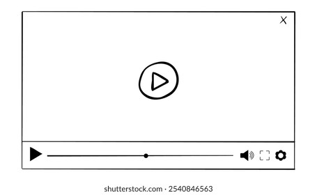 Video player display frame, line doodle bar with buttons, progress line, sound. Hand drawn border, media window. Panel icon,