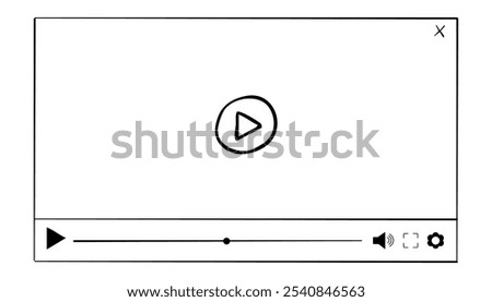 Video player display frame, line doodle bar with buttons, progress line, sound. Hand drawn border, media window. Panel icon,
