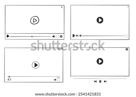 Video player display frame, line doodle bar with buttons, progress line, sound. Hand drawn border, media window. Panel icon,