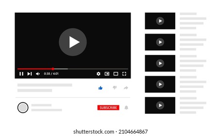 Video player elements template. Video interface website design. Multimedia player interface for channel wireframe.