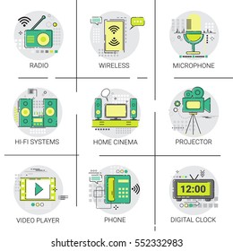 Video Player Entertainment Radio Wireless Connection Icon Set Vector Illustration