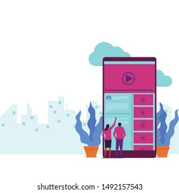 Video player flat vector concept couple choose video on phone screen. Illustration For Wallpaper, Banner, Background, Infographic, Book Illustration, And Web Landing Page.