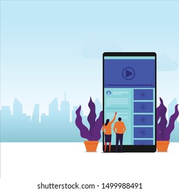 Video player flat vector concept couple choose video on phone screen. Illustration For Wallpaper, Banner, Background, Infographic, Book Illustration, And Web Landing Page.