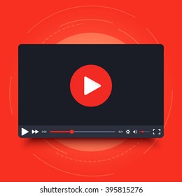 Video Player Frame. Video Player Interface Screen. Video Player Frame In Cartoon Design Style. Isolated On Red Background. Vector Element