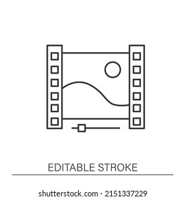 Icono de línea de marco del reproductor de vídeo. Interfaz de reproductor de medios. Panel de control para streaming, navegación y edición. Concepto de producción de video. Ilustración vectorial aislada. Trazo editable