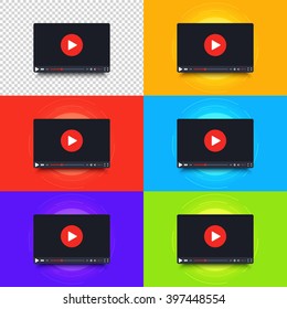 Video player frame set. Video player interface screen. Collection of video player frames in cartoon design style. Vector element