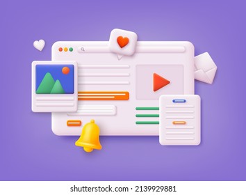 Video player, gallery, development, seo analysis concept with floating elementsDistance training, streaming, webinar, conference videos. 3D Web Vector Illustrations.