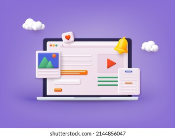 Video player, gallery, development, seo analysis concept with floating elements. Distance training, streaming, webinar, conference videos. 3D Web Vector Illustrations.