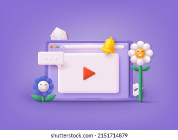 Video player, gallery, development, seo analysis concept with floating elements. Distance training, streaming, webinar, conference videos. 3D Web Vector Illustrations.