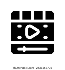 ícone de glifo do player de vídeo. Ícone vetorial forte e sólido para sites, interfaces móveis, apresentações e marca visual. Alta qualidade e fácil de editar.