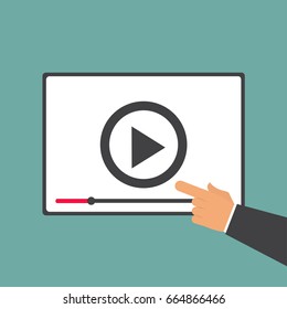 video player with hand in flat style.