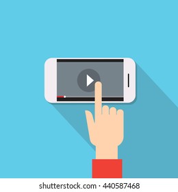 Video Player Hand Touch Screen Play Button Cell Smart Phone Flat Vector Illustration