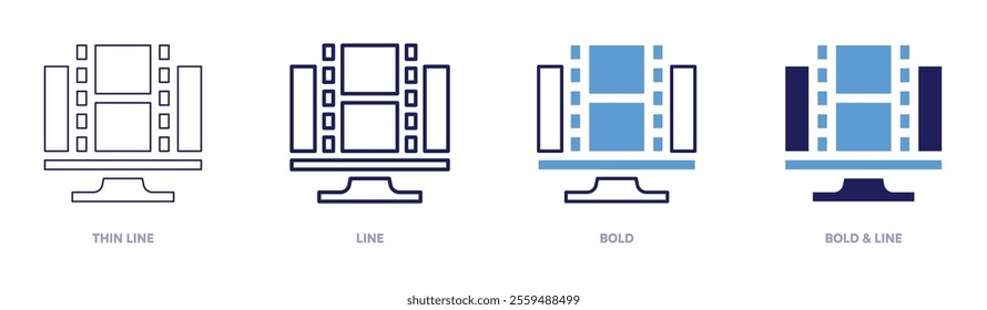 Video player icon in 4 different styles. Thin Line, Line, Bold, and Bold Line. Duotone style. Editable stroke.