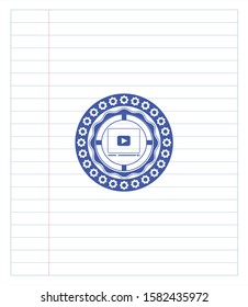 video player icon drawn with pen strokes. Blue ink. Vector Illustration. Detailed.
