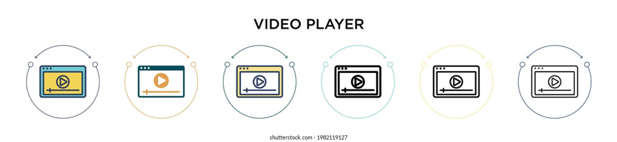 Icono del reproductor de vídeo en el estilo relleno, delgado, contorno y trazo. Ilustración vectorial de dos iconos vectoriales de reproductor de vídeo en color y negro se puede utilizar para móviles, ui, web