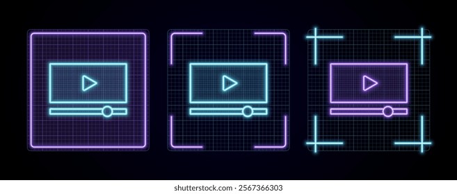 Video Player icon illustration, cyber neon visual, glowing border grid vector.