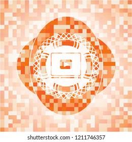 video player icon inside abstract emblem, orange mosaic background