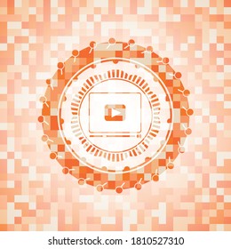 video player icon inside abstract orange mosaic emblem with background. 