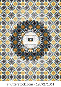 video player icon inside arabesque emblem background. arabic decoration.
