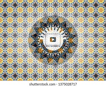 video player icon inside arabesque emblem background. arabic decoration.