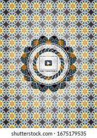 video player icon inside arabesque emblem background. arabic decoration.