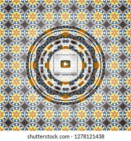 video player icon inside arabic emblem background. Arabesque decoration.