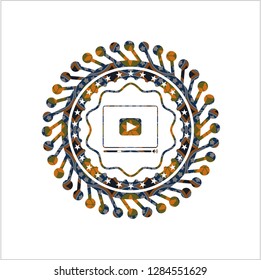 video player icon inside arabic badge background. Arabesque decoration.