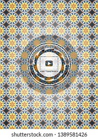video player icon inside arabic emblem background. Arabesque decoration.