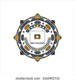 video player icon inside arabic emblem background. Arabesque decoration.