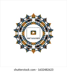 video player icon inside arabic emblem background. Arabesque decoration.