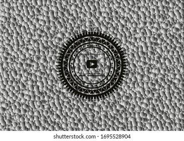 video player icon inside black emblem with bubbles background. Vector Illustration. Detailed.