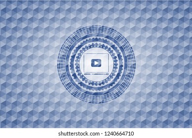 video player icon inside blue emblem or badge with abstract geometric polygonal pattern background.