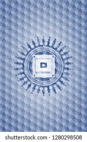 video player icon inside blue emblem with geometric pattern.