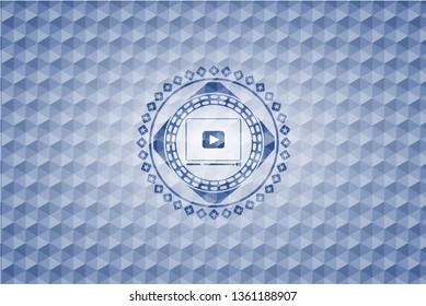 video player icon inside blue badge with geometric pattern background.