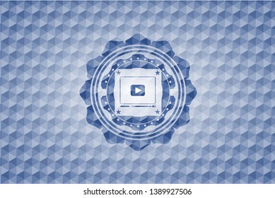video player icon inside blue badge with geometric pattern background.