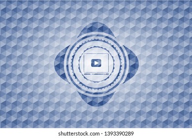 video player icon inside blue badge with geometric background.